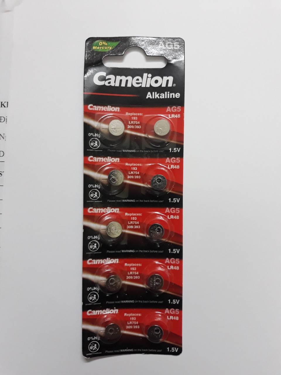 Pin AG5, 393A, CX193, LR754W Camelion LR754 Vỉ 10 Viên